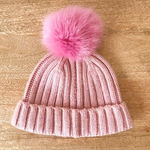 JCrew Blush knit hat with pink faux fur Pom!